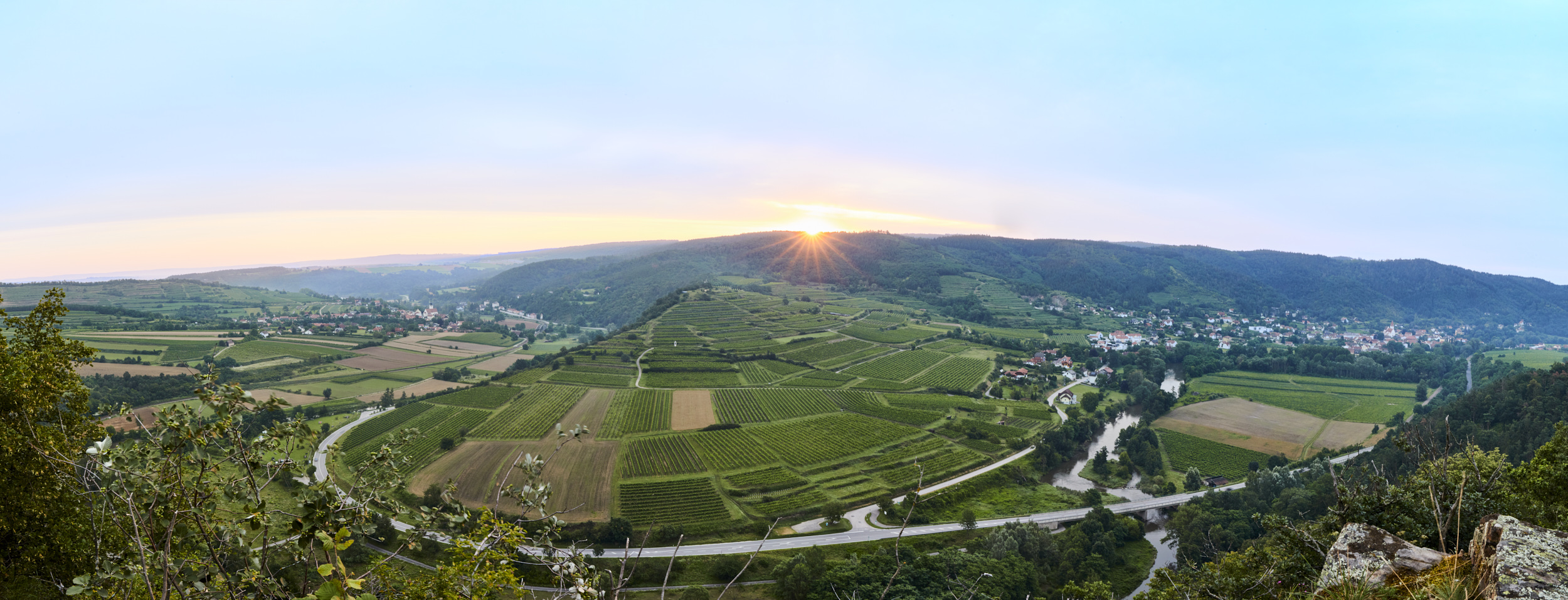 Panoramablick über das Kamptal mit Weinbergen bei Sonnenuntergang